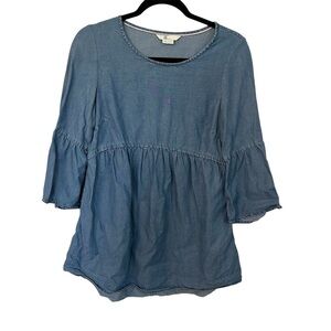 Boden Women’s 3/4 Ruffle Sleeve Tiered Blue Chambray Blouse Size 6 GUC